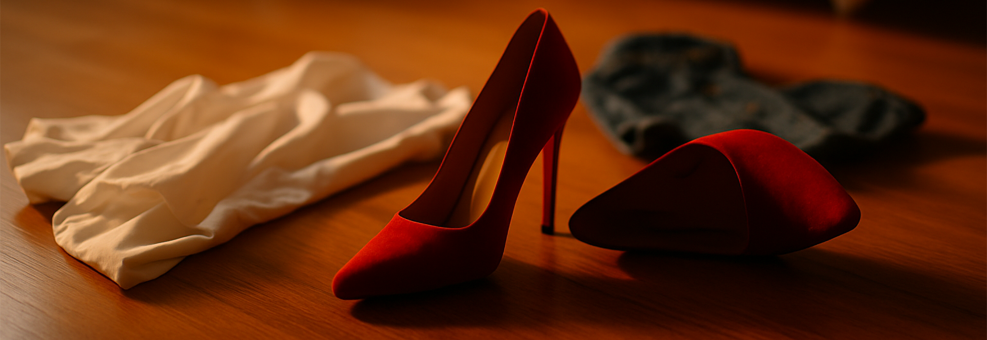 Red high heels on a wooden floor with a white shirt and blue jeans nearby, golden hour sunlight casting a warm glow on a bed with white sheets in the background, narrow focus on the shoes